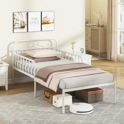 COSTWAY Metal Bed Frame, 3FT Extendable Daybed to Single Bed with Trundle and 31cm Underbed Storage Space, Bedroom Metal Slat Support Platform Day Bed Base Guest Sofa Bed, No Box Spring Needed (White)