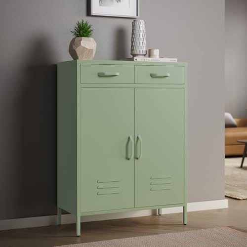 skølm Atria Metall Kommode – Sideboard in Mintgrün – Metallschrank mit 2 Fächern & 2 Schubladen – Mehrzweckschrank – Industrial Highboard – Aufbewahrungsschrank/Flurschrank – Flexible Einlegeböden