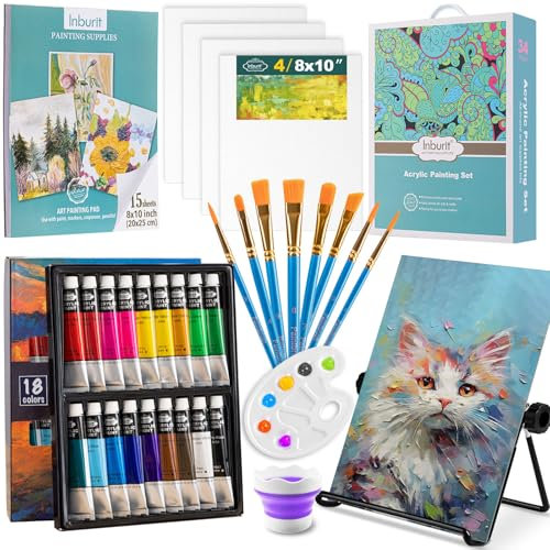 Inburit Acrylfarben Set, Malset mit 18 Farben Acrylfarbe, 4 Leinwand, 1 Klappbare Staffelei, Acrylic Paint Set, Ideal für Canvas, Holz, Papier für Anfänger Profis