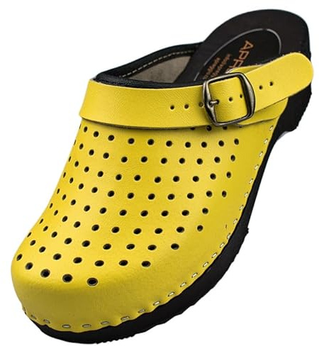 APREGGIO Sabots Femme en Cuir - Sabots de Jardin Pratiques - Semelle Bois - Respirants et Confortables - Bride réglable - Jaune 42 EU