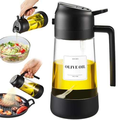 PARACITY Oil Dipenser Bottle with Silicone Bottom, 2 in 1 Olive Oil Sprayer and Dispenser, Oil Spray Bottle 470ML/ 16OZ for Cooking, Kitchen, BBQ, Air Fryer, Salad, Baking(1PC Black)