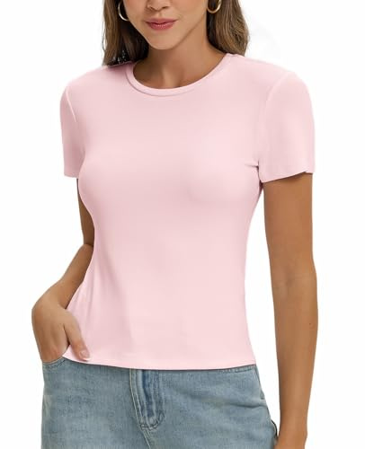 Women's Top Short Sleeved Shirt Slim Fit Basic T-Shirt Summer Tops Cotton Blouse(Light Pink-F1,S)