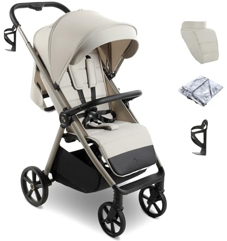 My Babiie MB170 Plus Pushchair – from Birth to 4 Years (22kg), 4-Wheel Suspension, Large Basket, XL Canopy, Foldable, Compact, Stroller with Footmuff, Cup Holder, Rain Cover – Ivory