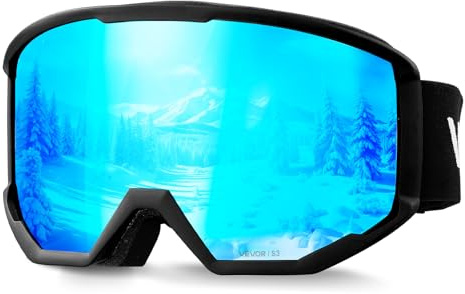 VEVOR Masque de Ski Revêtement Revo Bleu Glacier Masque de Snowboard OTG, avec Monture TPU, Double Ventilation Anti-buée, Mousse Épaisse, Lunettes de Motoneige, pour Garçons, Filles, Hommes, Femmes