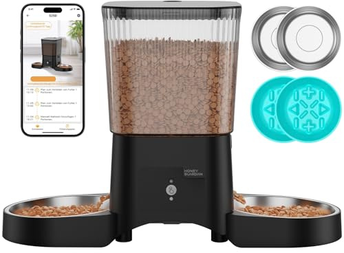 HoneyGuaridan Distributore Automatico Cibo Gatti con WiFi 2.4G/5G, 3,5L Dispenser Crocchette Gatto – Include 2 Ciotole in Acciaio Inossidabile & 2 Ciotole Slow Feeder Anti-Soffocamento