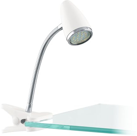 EGLO LED-klämmlampa Riccio 1, klämmlampa med flexibel arm | klämspot i vit plast och krommetall, skrivbordslampa med klämma och strömbrytare, inklusive GU10-ljuskälla, varmvit
