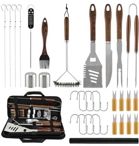 31Pcs Kit Barbecue Professionale, Set Barbecue Accessori in Acciaio Inox, Attrezzi BBQ Utensili Cucina con Spazzola per Barbecue e Termometro per Carne per Campeggio, Picnic e Barbecue all'Aperto