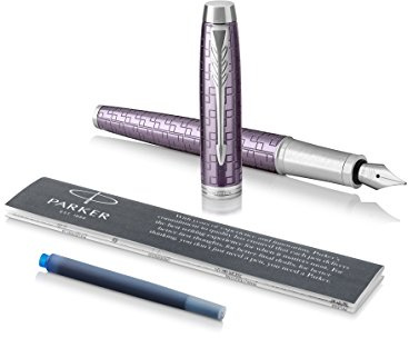 Parker IM-reservoarpenna, premium mörk violett, fjäderstyrka F, påfyllningsbläckpatron med blått bläck (1931636)