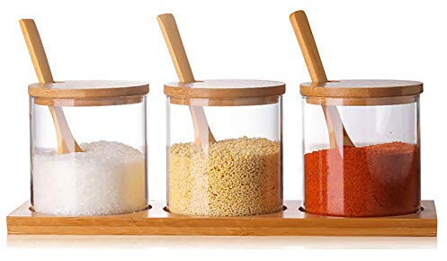 FANTESTICRYAN 3 PCS Stylish Simple Condiment Canisters Pots Set, Decorative Storage Seasoning Glass Container Box with Bamboo Spoon Lid and Base for Home Kitchen café Storing Salt Sugar Pepper Spice