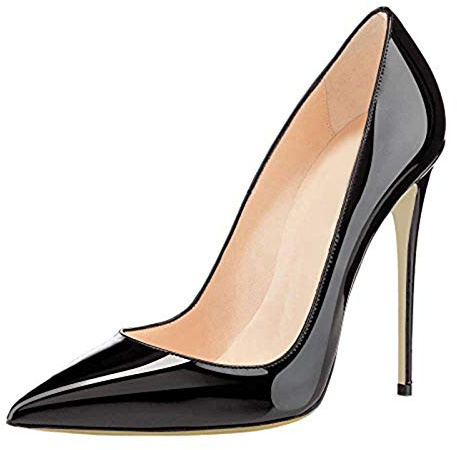 COLETER Women's Sexy Pointed Toe High Heels,4.72 inch/12cm Patent Leather Pumps,Wedding Dress Shoes,Cute Evening Stilettos Patent Black 8.5 US