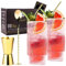 Vemacity Geriffelte Gin-Tonic-Gläser-Set mit Goldrand | 2 Highball Longdrinkgläser, Barlöffel, Messbecher, 2 Metallstrohhalme | Rezept-PDF | Geschenk | Gin-Glas-Set