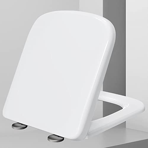 WC-Sitz, quadratische Form, Toilettensitz mit Absenkautomatik, weiß, einfache Befestigung von Oben, robuster, antibakterieller Toilettendeckel, mit verstellbaren Edelstahlscharnieren, weiß-34 * 43,5