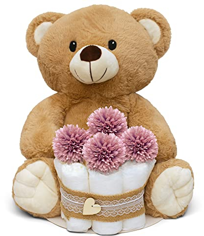 MilaBoo® Kleine Vintage Windeltorte Mädchen mit großem Teddybär I Liebevolles Geschenk zur Geburt I Handgemachte Babyparty Geschenk