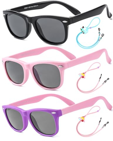 Rocf Rossini Lentes de Sol Flexibles para Niños y Niñas Polarizados Irrompibles Protección UV400 Certificado Bebés Gafas con Funda, 2-8 Años (Negros + Morado/Rosa + Rosa/Cian)