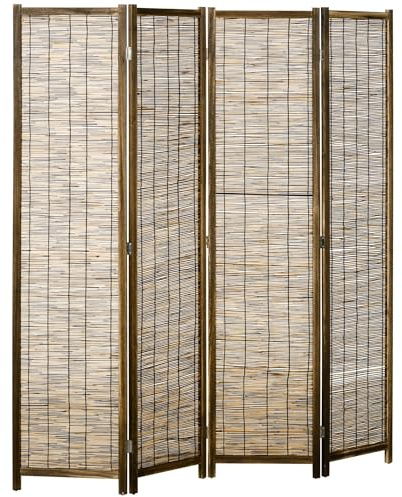HOMCOM 4 Panel Room Divider, 5.5 Ft Portable Folding Privacy Screens, Reed Hand-Woven Freestanding Partition Wall Dividers for Home Office, Carbonized