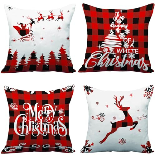 AMLOOPH Christmas Cushion Covers Set Of 4 40x40cm for Christmas Decorations | Red Black Strip Tartan Sofa Xmas Cushion Covers 16x16inch Soft Plush Christmas Throw Pillow Covers Cases For Xmas Decorations