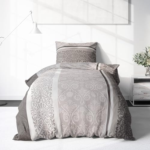 LINKHOFF Biber Bettwäsche 155x220 2tlg - Bettwäsche-Set in Oxford Beige Creme aus 100% Baumwolle - Winter-Bettwäsche Bettbezug 155 x 220 + Kissenbezug 80x80