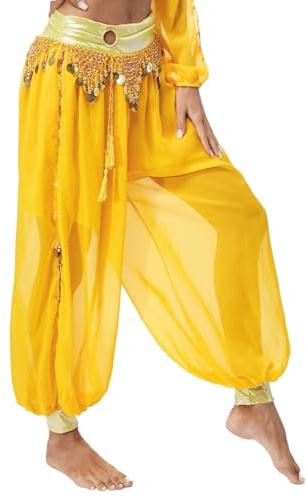 YEAHDOR Costume de Danse du Ventre Femme Pantalon Danse Orientale Costume Belly Dance Paillette Pantalon Sarouel à Sequins Costume Spectacle Jaune Taille Unique
