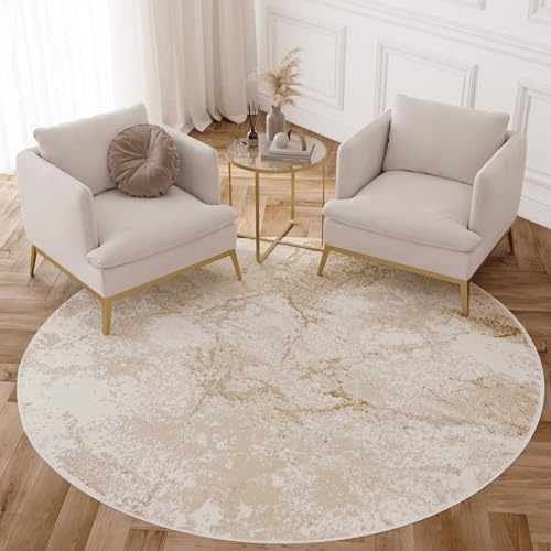 TAPISO Crystal Rund Teppich Kurzflor Glänzend Braun Beige Marmoreffekt 3D Effekt Wohnzimmer Schlafzimmer Modern Design ÖKO-TEX 200 x 200 cm