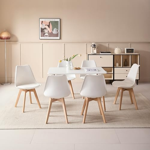 GrandCA HOME Tavolo da Pranzo e 6 Sedie da Pranzo Set da Sala da Pranzo Moderno, Tavolo da Cucina Rettangolare Struttura di Giunzione Sedie da Scrivania e da Cucina (6 sedie bianco+1 tavolo)