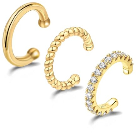 COYUN 3 Stück Ear Cuff für Damen - CZ Fake Helix Knorpel Ohrringe - Fake Piercing Ohrmanschette - Gold Clip Ohrklemme - Silber - Gold Funkelnde RundeHuggie Ohrringe - Ohne Ohrloch