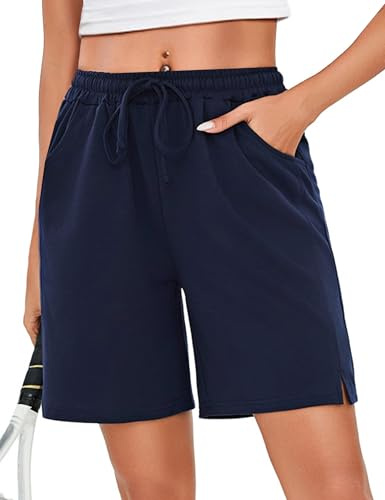 Leversic Femme Bermudas Pantalon Court Été Shorts de Sport Femme avec Cordon Élastique et Poches pour Yoga Fitness Gym Jogging Bleu Marine L