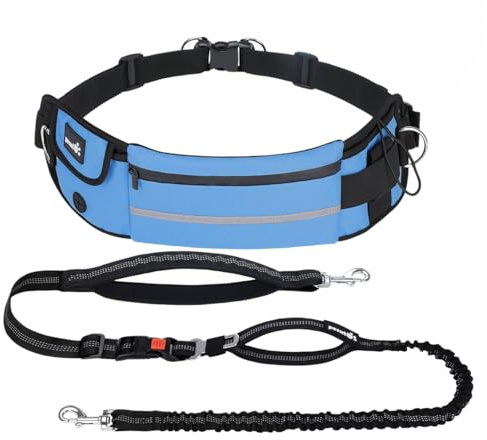 Pecute joggingkoppel hundar med magbälte, löpbälte hundkoppel för stora och medelstora hundar, koppel hund med midjeväska, elastisk löplina, hund leash handfree blå