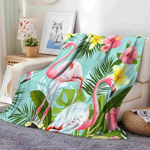 Nordic Jungle Flamingo Überwurfdecke, hellgrün, 200 x 220 cm, superweiche Flanell-Fleece-Decke für Sofa, Bett, gemütliche und stilvolle Wohnkultur, Akzent
