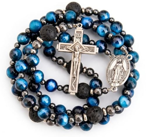 Nazareth Store Blue Tiger's Eye Rosary Beads for Men Catholic Necklace with Lava Mystery Beads, Strong Rosary Cross Necklace in Portable Gift Box