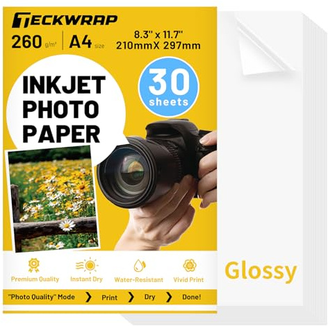 TECKWRAP Glossy Photo Paper for Inkjet Printer A4, 30 Sheets