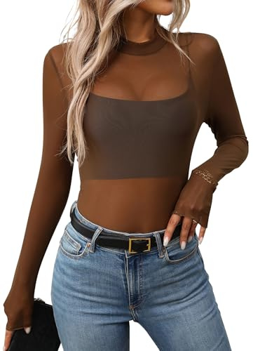 AIEOE Y2K Camisetas de Malla para Mujer Manga Larga Transparente Disco Party Club Sexy Tops Ajustadas Talla M Marrón
