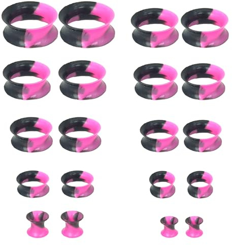 Uwiyo 20PCS Silicone Ear Plugs Tunnels, Soft Silicone Flexible Flesh Tunnels Double Flared Ear Stretchers Ear Gauges Plugs Expander Piercing Jewellery Unisex, 4/5/6/8/10/12/14/16/18/20mm (Black+Pink)