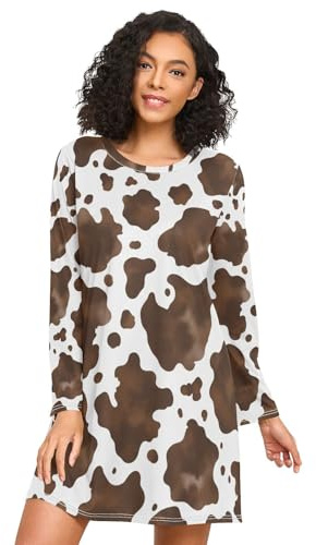 RPLIFE Camisones marrones con lunares blancos para mujer, ropa de dormir suave, camisas de noche de manga larga para mujer, Manchas marrones y blancas, XXXL