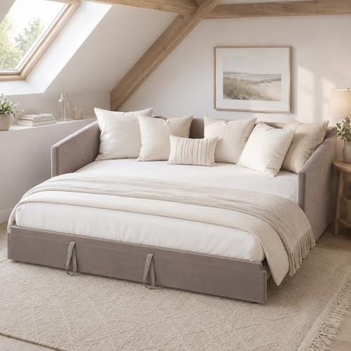 FOERPL Bäddsoffa, konvertibel 90/180 x 200 cm, 2-sits bäddsoffa, sammetstyg, utdragbar enkelsäng, dubbelsäng, utdragbar säng, utdragbar säng, vadderad säng, 2-personers säng, utan madrass