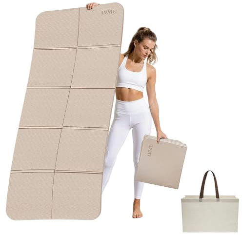 LVME Foldable Yoga Mat for Travel – 75x31.5 Large POE Exercise Mat with Storage Pouch, Fits Suitcase & Backpack (16x15x3.5),0.6cm Non-Slip Surface for Yoga, Pilates, Gym & Outdoor Workouts, Odor-Free(Beige)