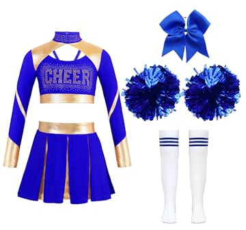 JEATHA Costume Pompom Girl Enfant Fille Ensemble De Danse Cheerleading Haut Et Jupe De Danse Uniforme Pom Pom Girl Carnaval Halloween Cosplay Bleu 5-6 ans