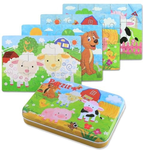 BBLIKE Puzzle Enfant 2 3 4 Ans - 5 en 1 Progressif Educa Puzzles avec Boîte, Jouet Éducatif Montessori Apprentissage Cognitif, Drôle Jeux Cadeau Anniversaire pour Fille Garçon Bebe(Animaux de Ferme)