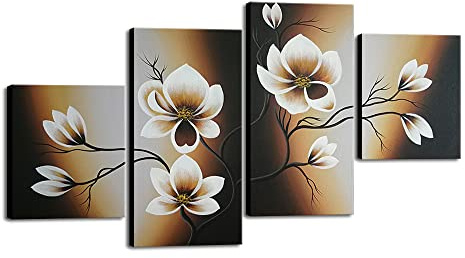 Wieco Art Large Modern 4 pcs 100% Hand Painted Gallery Wrapped Abstract Floral Oil Paintings on Canvas Wall Art Yellow Flowers Bloom Artwork Ready to Hang for Living Room Bedroom Home Decorations L