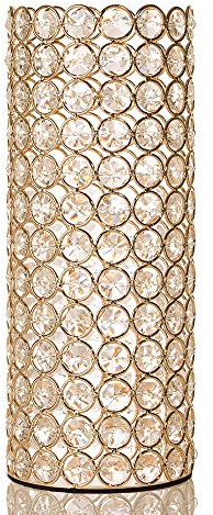 VINCIGANT Gold Crystal Cylinder Hollow Flower Vase Beads Decorations,Pillar Candle Holders for Holiday House Decor Wedding Centerpiece, Gift Box Package