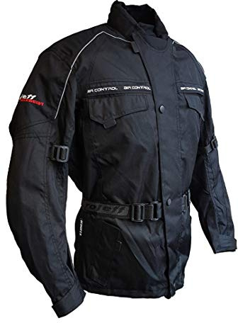Roleff Racewear Schwarze Motorradjacke mit Protektoren, Thermofutter, Klimamembrane und Belüftungssystem für Sommer und Winter, Schwarz, Größe 4XL