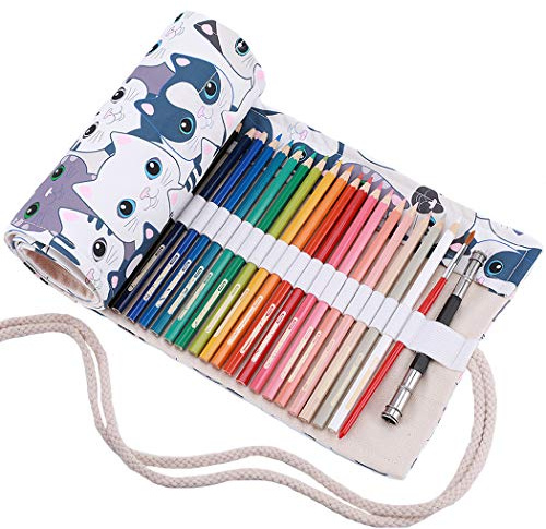 Amoyie Colouring Pencil Case 72 Slots, Roll Up Pen Holder, Pencil Wrap | Canvas Organiser Bag for Coloured Pen, Foldable Carrier for School, Outdoor Sketch, Artist Storage Bags, Cartoon Cat