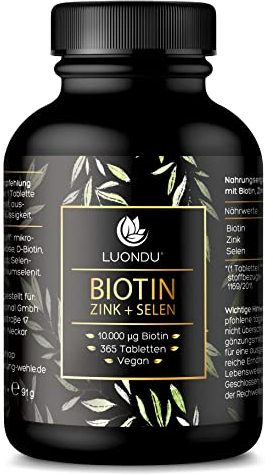 Biotin hochdosiert – 10.000 mcg pro Tablette (365 vegane Tabletten, 1 Jahr) – Zink Selen Komplex – Mit Biotin, Zink und Selen – Verpackung kann variieren
