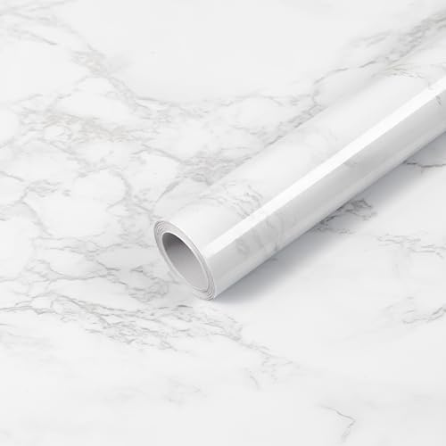 Fantasnight Marble Effect Self Adhesive Vinyl 40 X 300cm Sticky Back Plastic White Marble Contact Paper Waterproof Peel and Stick Wallpaper Self Adhesive Vinyl Wrap for Kitchen Worktop
