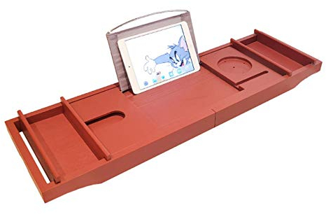 LTLCLZ Badewannenablage Aus Bambus Ausziehbar, Verstellbares Badewannenbrett, Badewannen Ablagen, Mit Getränkehalter, Smartphone, Buchstütze(75-109) X 4,5 X 23 cm