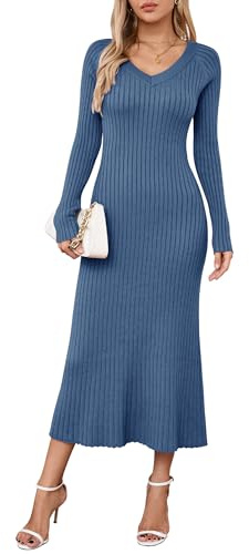 Arach&Cloz 2025 vår dam V-hals långärmad fiskstjärt tröja klänning ribbad stickad smal passform bodycon midi-klänning, Mörkblått, XL