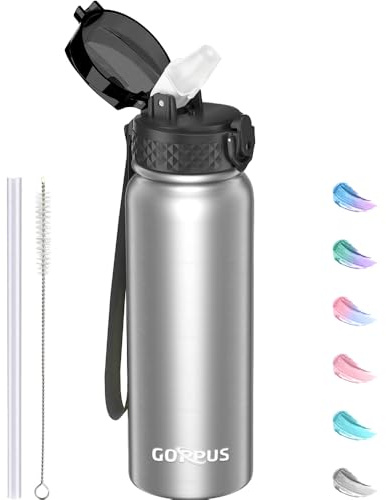 GOPPUS Borraccia in Acciaio Inossidabile da 600ml/20oz con Cannuccia Borraccia Sportiva Isolata Flacone Freddo a Tenuta Stagna Bottiglie d'Acqua in Metallo a Doppia Parete Flip Up