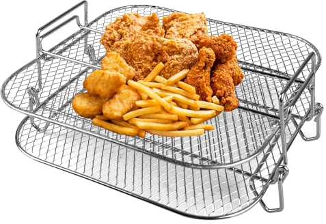 MEGYAD Airfryer Grille double couche en acier inoxydable 304 – Plateau carré à 2 étages pour friteuses à air chaud de 5 à 6,8 l, four et micro-ondes | Passe au lave-vaisselle et inoxydable