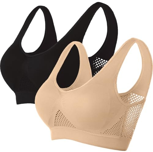 Memoryee Reggiseni Sportivi Imbottiti per Donna Impatto Medio Taglia Plus per Seno Grande Push Up Senza Cuciture Traspirante per Yoga e Corsa Top a Canotta Nero+Beige L