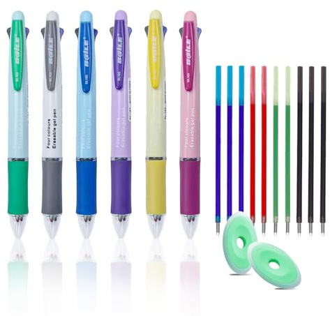 MROOFUL 4-in-1 mehrfarbiger Kugelschreiber, radierbar, 0,5 mm, 4 Farben, einziehbarer Kugelschreiber, mehrfarbige Tintenstifte mit 10 Nachfüllungen und 2 Radiergummis für Studenten, Schreibwaren,