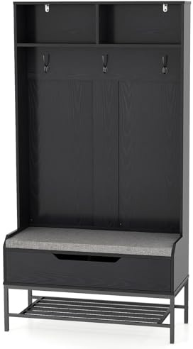 GIANTEX Appendiabiti con Panca Integrata, 3 Ganci + 2 Cubi Portascarpe & Ripiano Nascosto, Armadio Ingresso Multifunzionale 90x38x170cm, Design Elegante per Corridoio e Soggiorno, Facile Assemblaggio